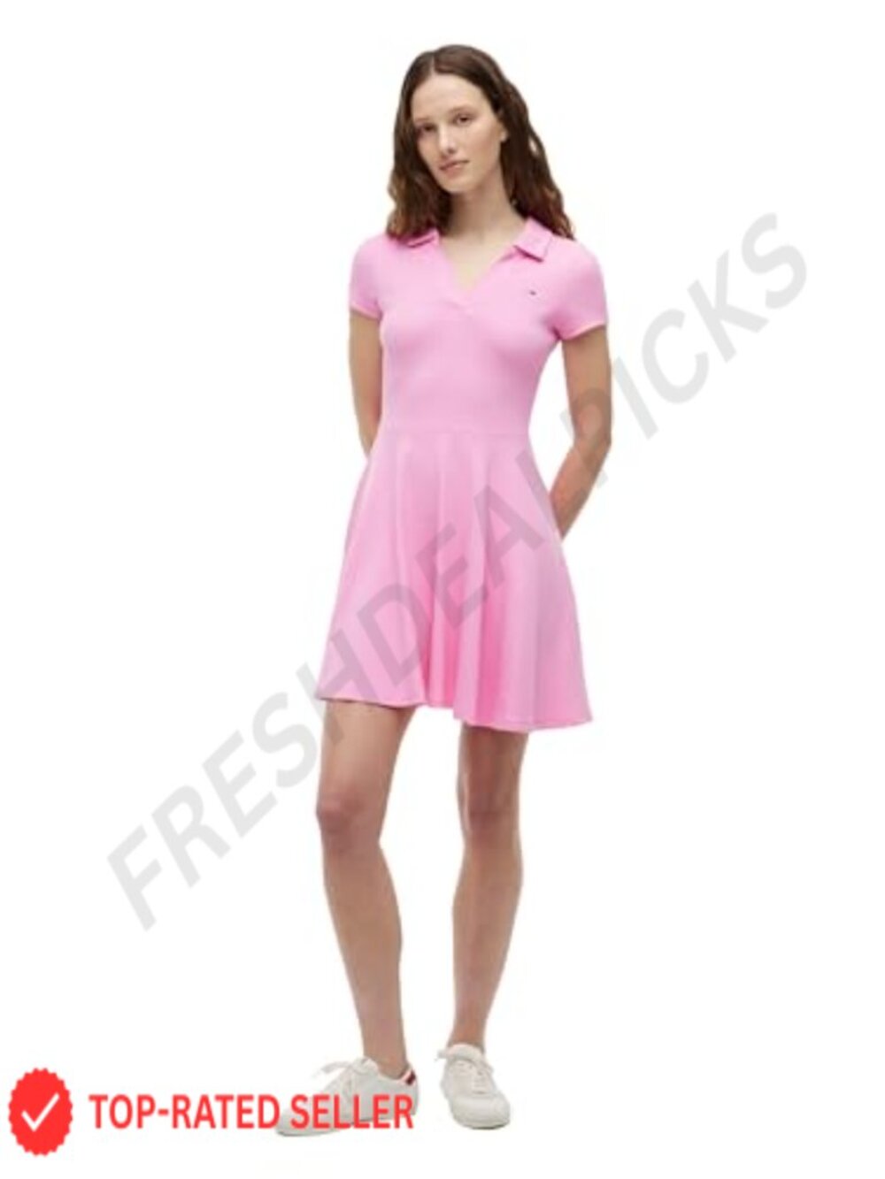 Cotton Stretch Fit & Flare Polo Mini Dress Short Sleeve Collared V-Neck